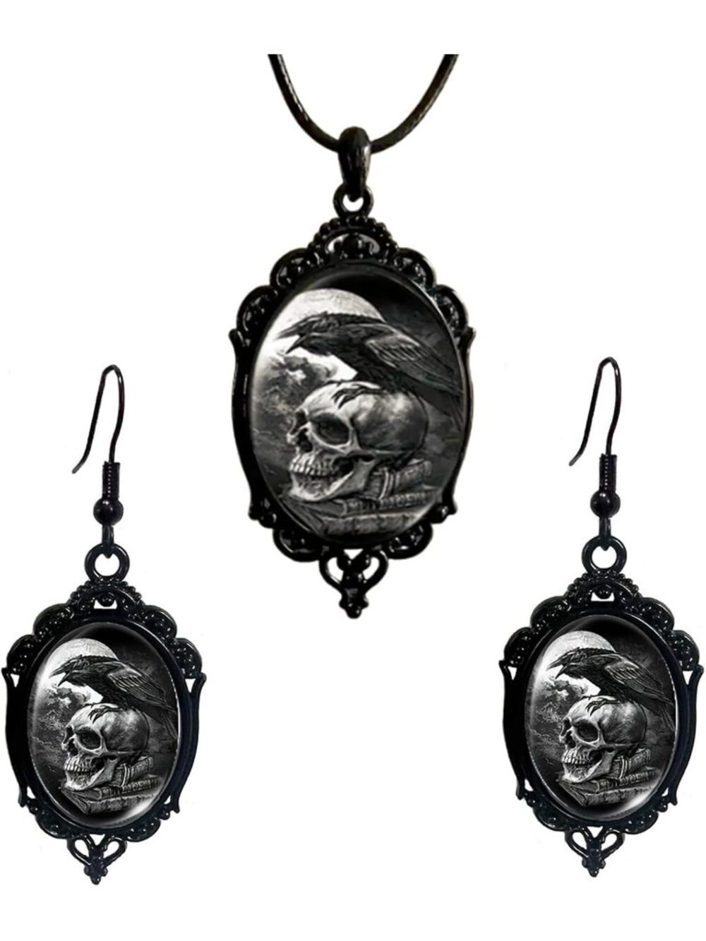 Vintage Gothic Raven Bat Witch Jewelry Set Cameo Necklace Earrings-A4:White